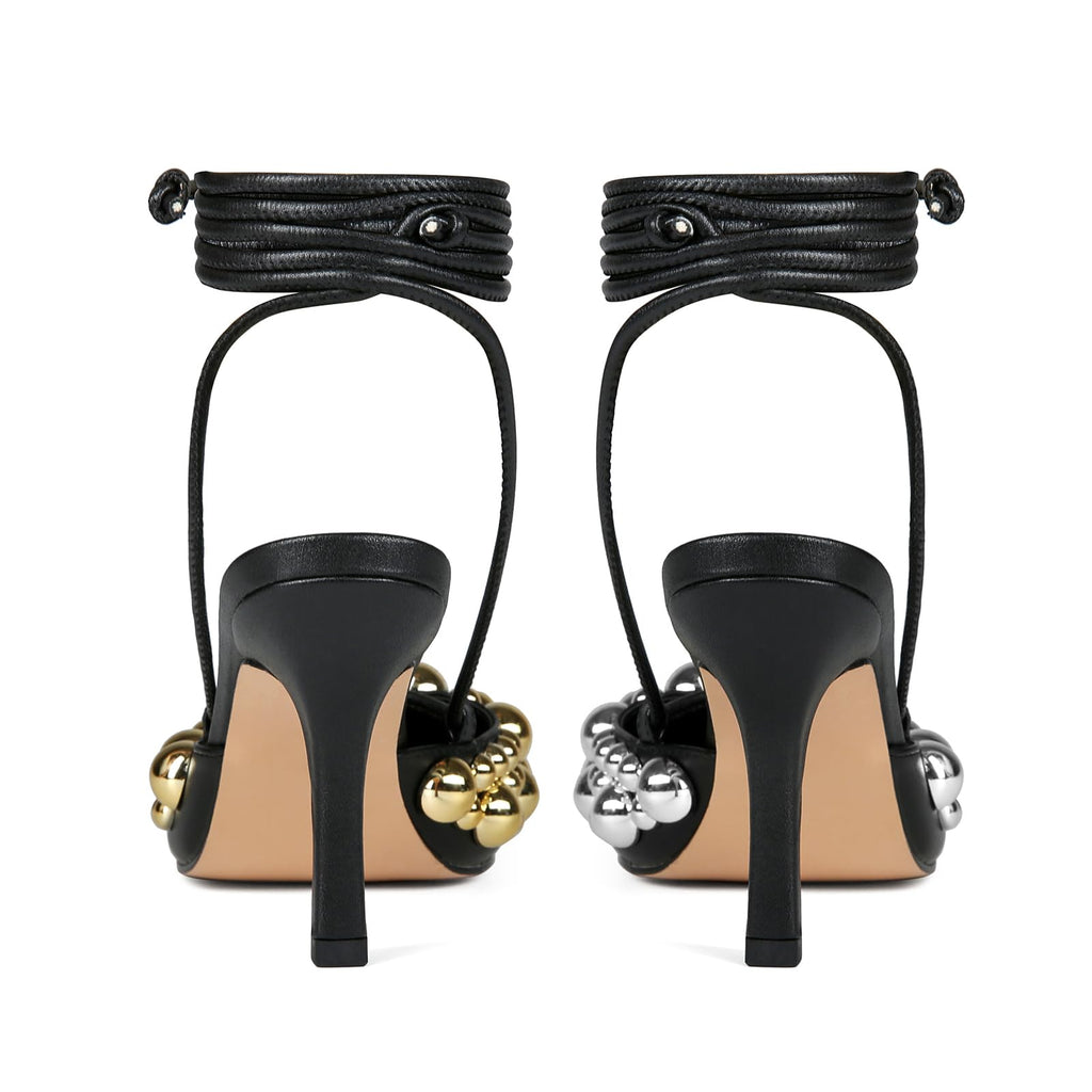 Saint Leia Women's 4IN High Heel Sandals Nude Stiletto Pumps with Gold Silver Pearls Heels for Weddings Parties and Evening Wear (Black Gold Silver,