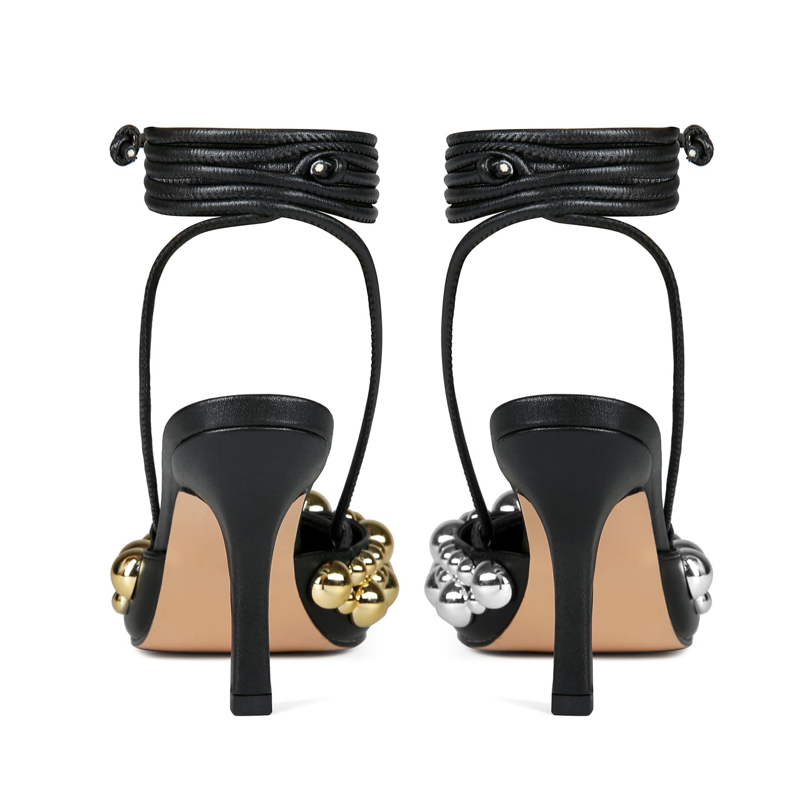 Saint Leia Women's 4IN High Heel Sandals Nude Stiletto Pumps with Gold Silver Pearls Heels for Weddings Parties and Evening Wear (Black Gold Silver,