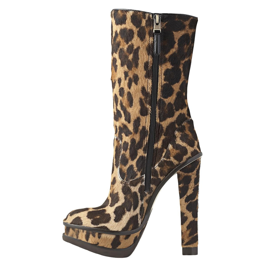 FSJ Women Platform Boots Closed Toe Thin Chunky Heel Side Zipper Double Platform Ankle Boots Punk Combat Mid Calf Boots Size 8 Leopart