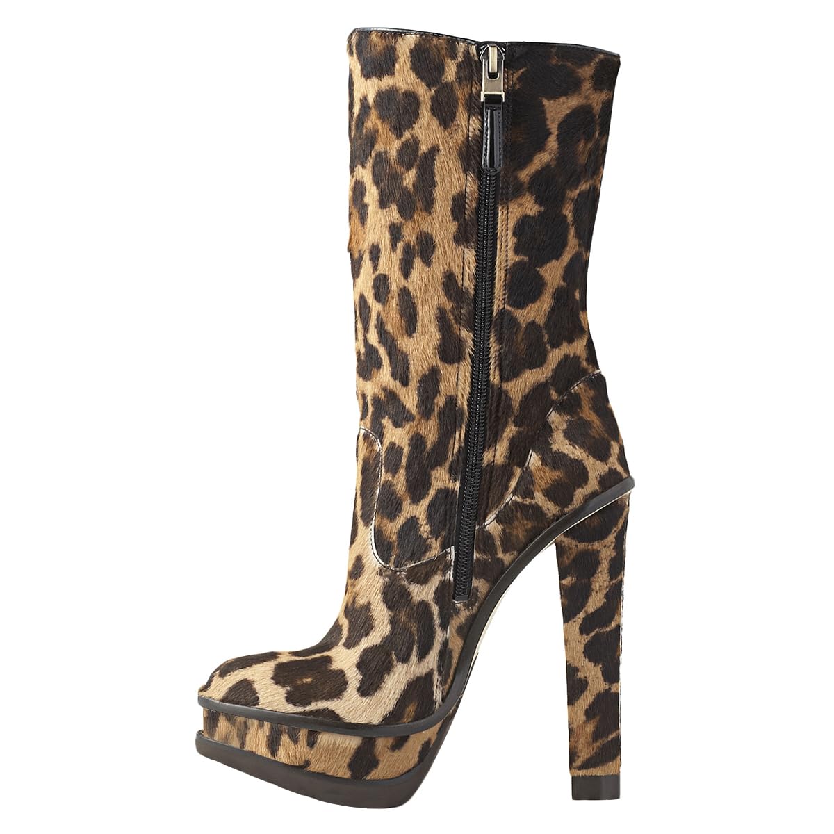 FSJ Women Platform Boots Closed Toe Thin Chunky Heel Side Zipper Double Platform Ankle Boots Punk Combat Mid Calf Boots Size 8 Leopart