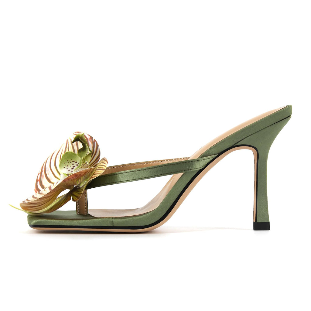 Only maker Orchid Heels for Women Square Toe Low Heeled Sandals Sexy Slip On Green Satin Heels with Orchid Flower For Wedding Bridal Fashion Party Dress Open Toe Mid Block Heeled Sandals Size 8