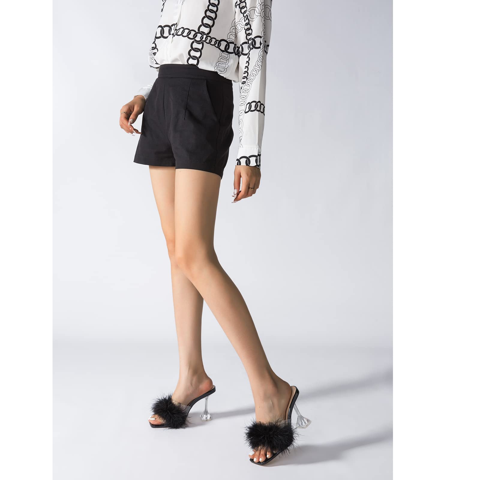 LIURUIJIA Feather High Heel Mules Sandals for Women Slip On Square Toe Clear Tapered Chunky Heels Fuzzy Fluffy Bridal Wedding Party Sexy Shoes Black