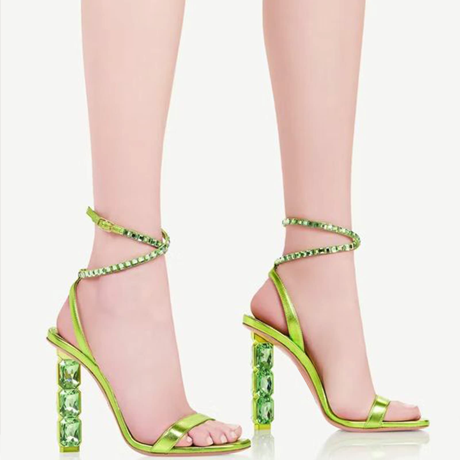 LauraVicci Women Heeled Sandals Ankle Straps Rhinestone Crystal Chunky Block Open Toe Slip on Wedding Slip on Wedding Party Evening Dress Shoes Green Size 8