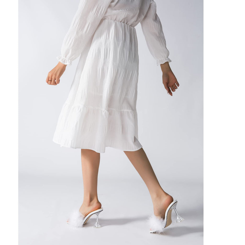 LIURUIJIA Feather High Heel Mules Sandals for Women Slip On Square Toe Clear Tapered Chunky Heels Fuzzy Fluffy Bridal Wedding Party Sexy Shoes White
