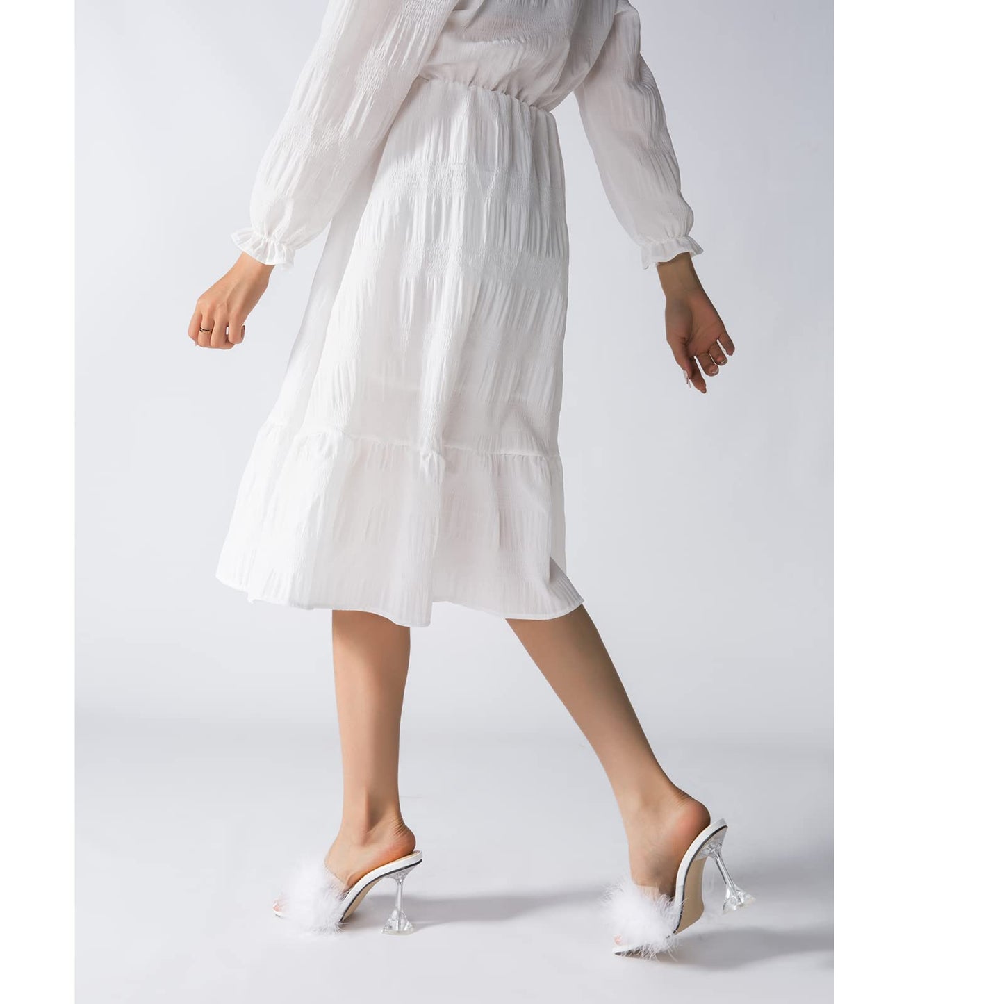 LIURUIJIA Feather High Heel Mules Sandals for Women Slip On Square Toe Clear Tapered Chunky Heels Fuzzy Fluffy Bridal Wedding Party Sexy Shoes White 39 US 7.5