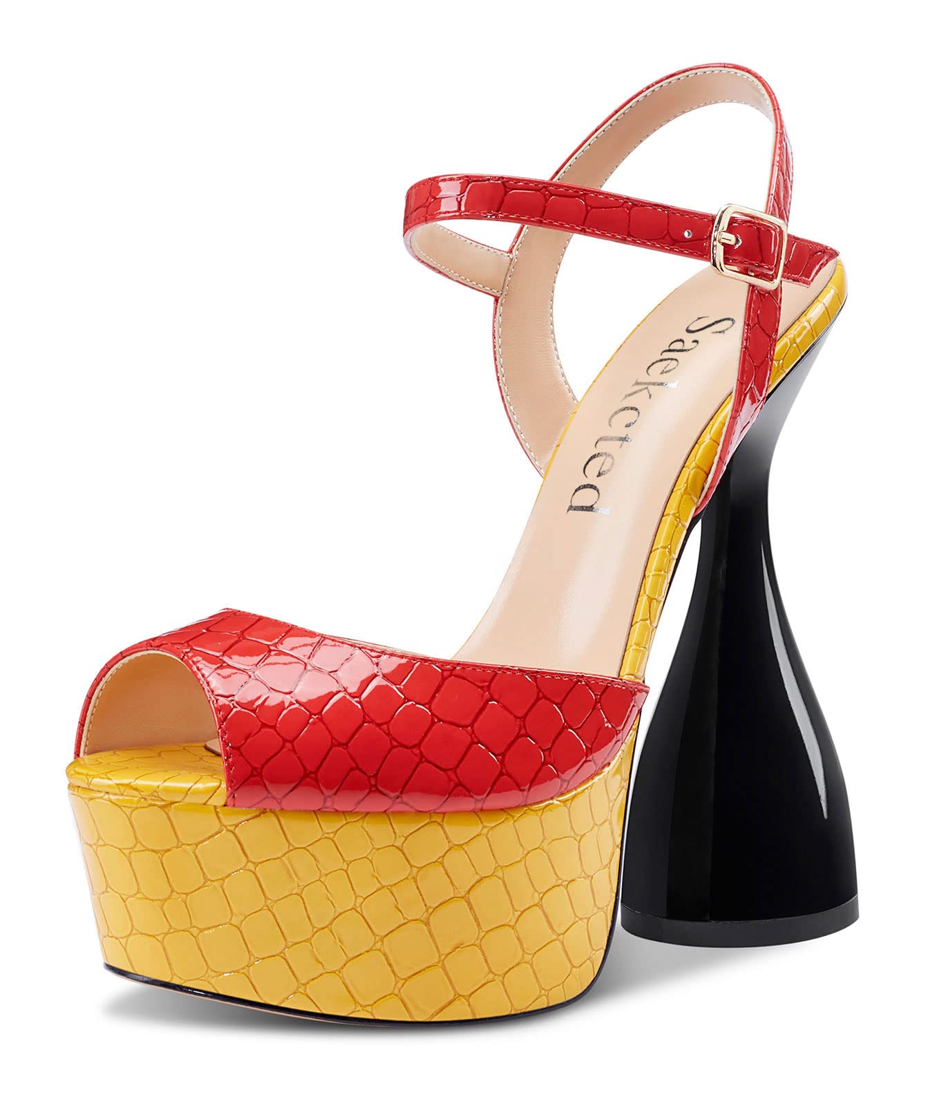 Saekcted Women's Chunky High Heels Platform Fashion Party Sandals Peep-Toe Ankel-Strap Sandal 6Inch Heel Shoes for Wedding Dress Red