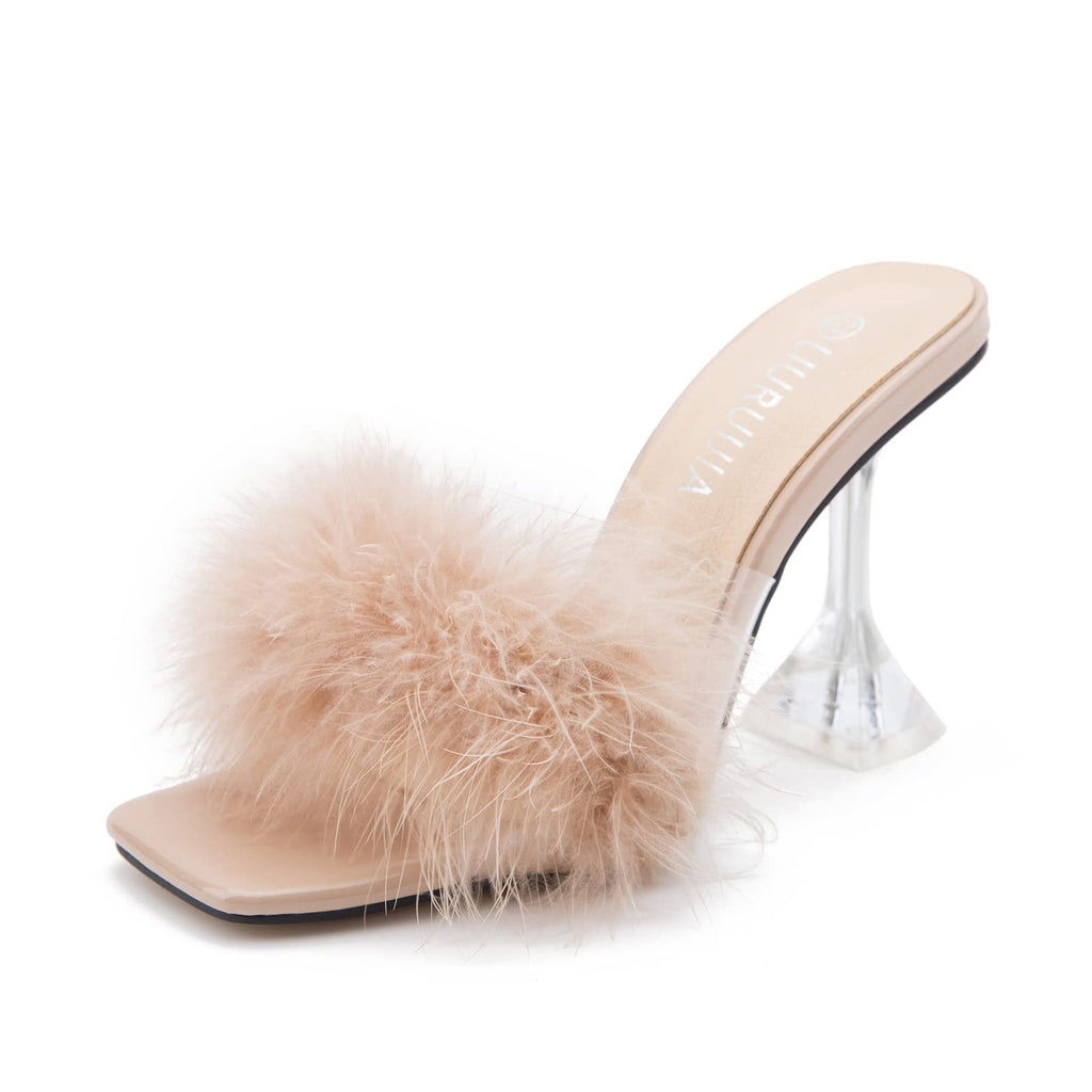 LIURUIJIA Feather High Heel Mules Sandals for Women Slip On Square Toe Clear Tapered Chunky Heels Fuzzy Fluffy Bridal Wedding Party Sexy Shoes Nude