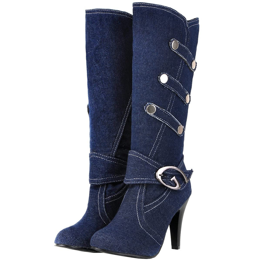 Uniquelly Womens Denim Knee High Boots Stiletto High Heel Mid Calf Slip On Round Toe Classic Retro Winter Shoes (dark blue,US7)