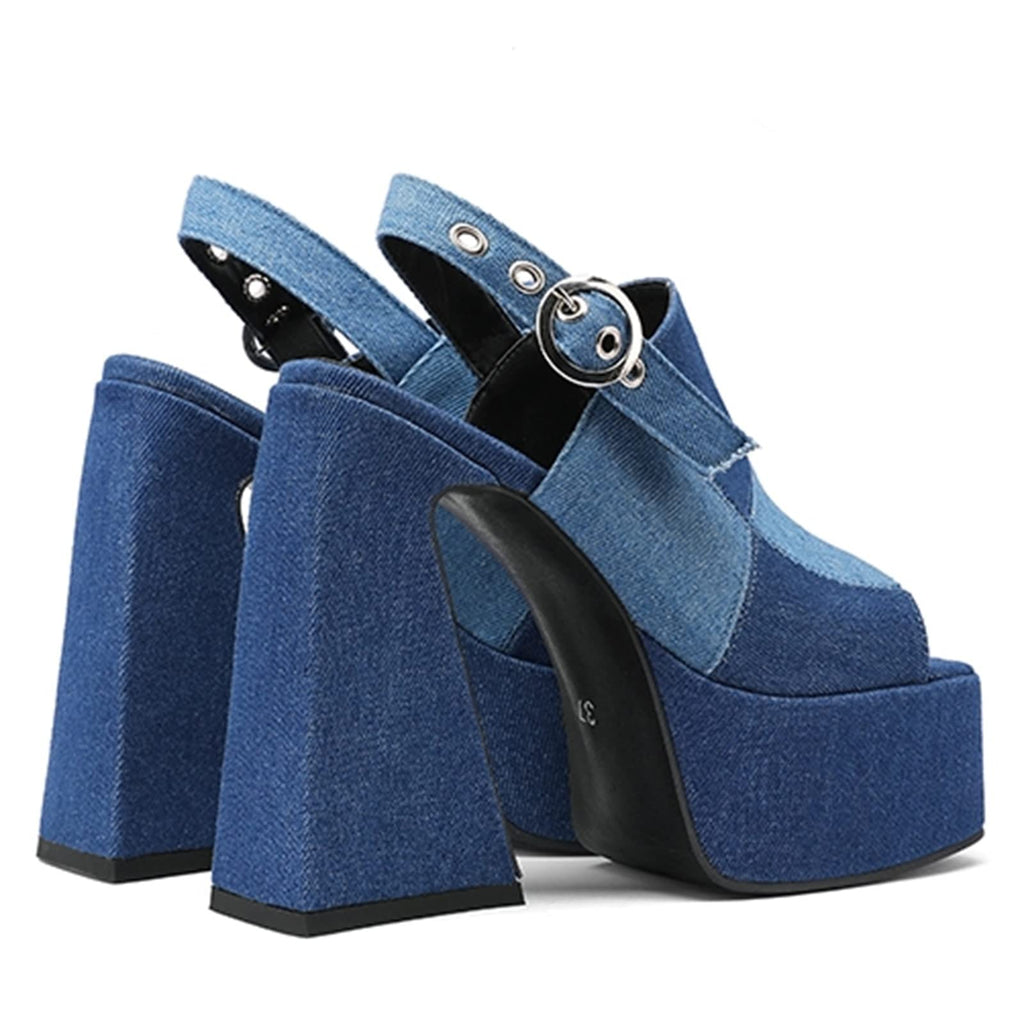 AIMODOR Women Checkered Platform Pumps Chunky Heels Sandals Open Square Toe Slingback Dress Pumps Blue