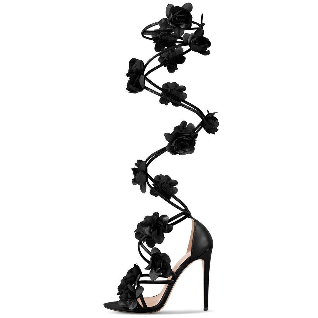 richealnini Floral Heels for Women Black Gladiator Flowers Straps Tie Up to Knee High Sandals Sexy Pointed Open Toe Strappy Sandals Self-tie Spiked Stiletto Heels Fashion Shoes Size 11