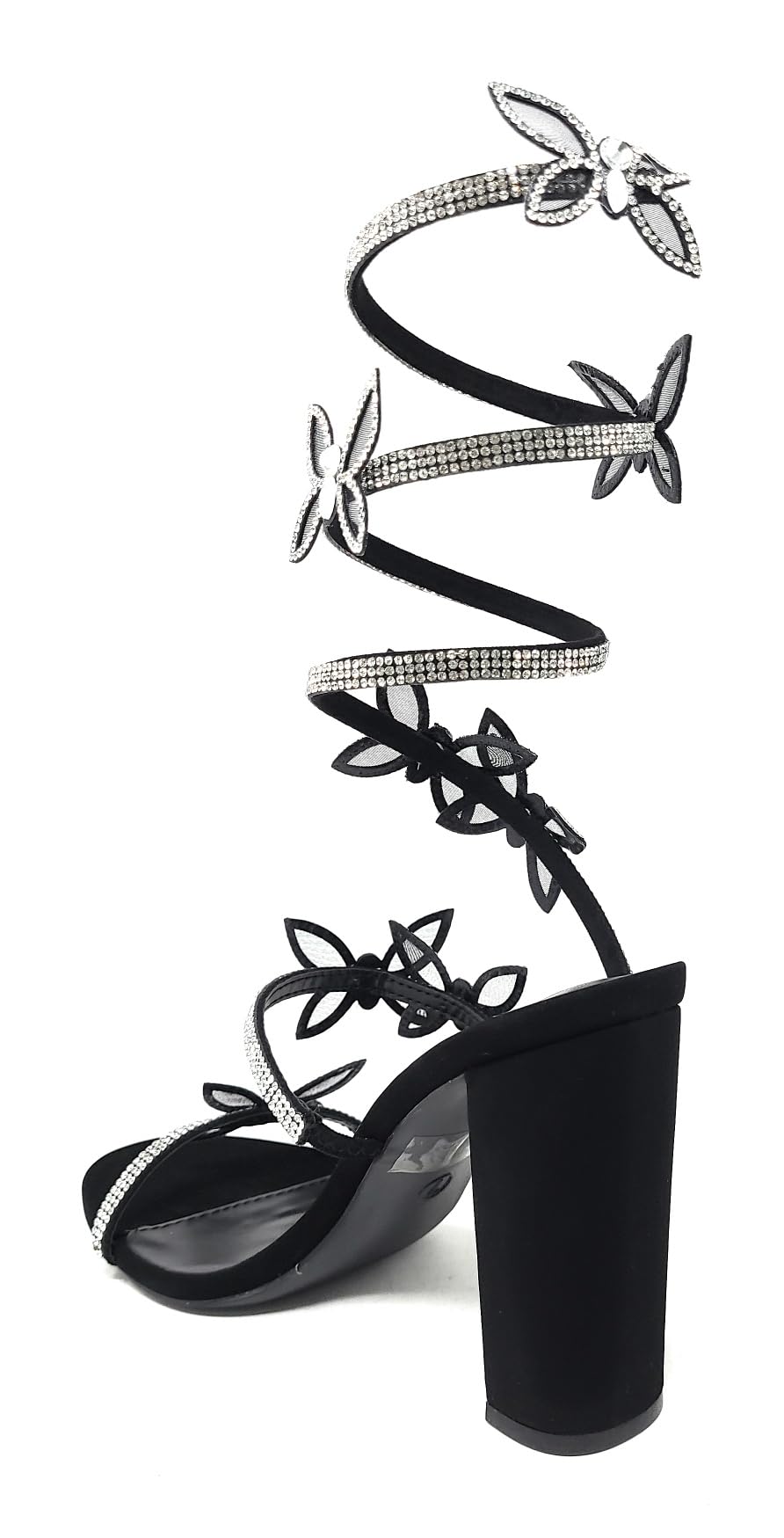 Wild Diva Women's Embellished Rhinestone Butterfly Spiral Coil Wrap Around Chunk Heel Morris-581 (Black Nubuck