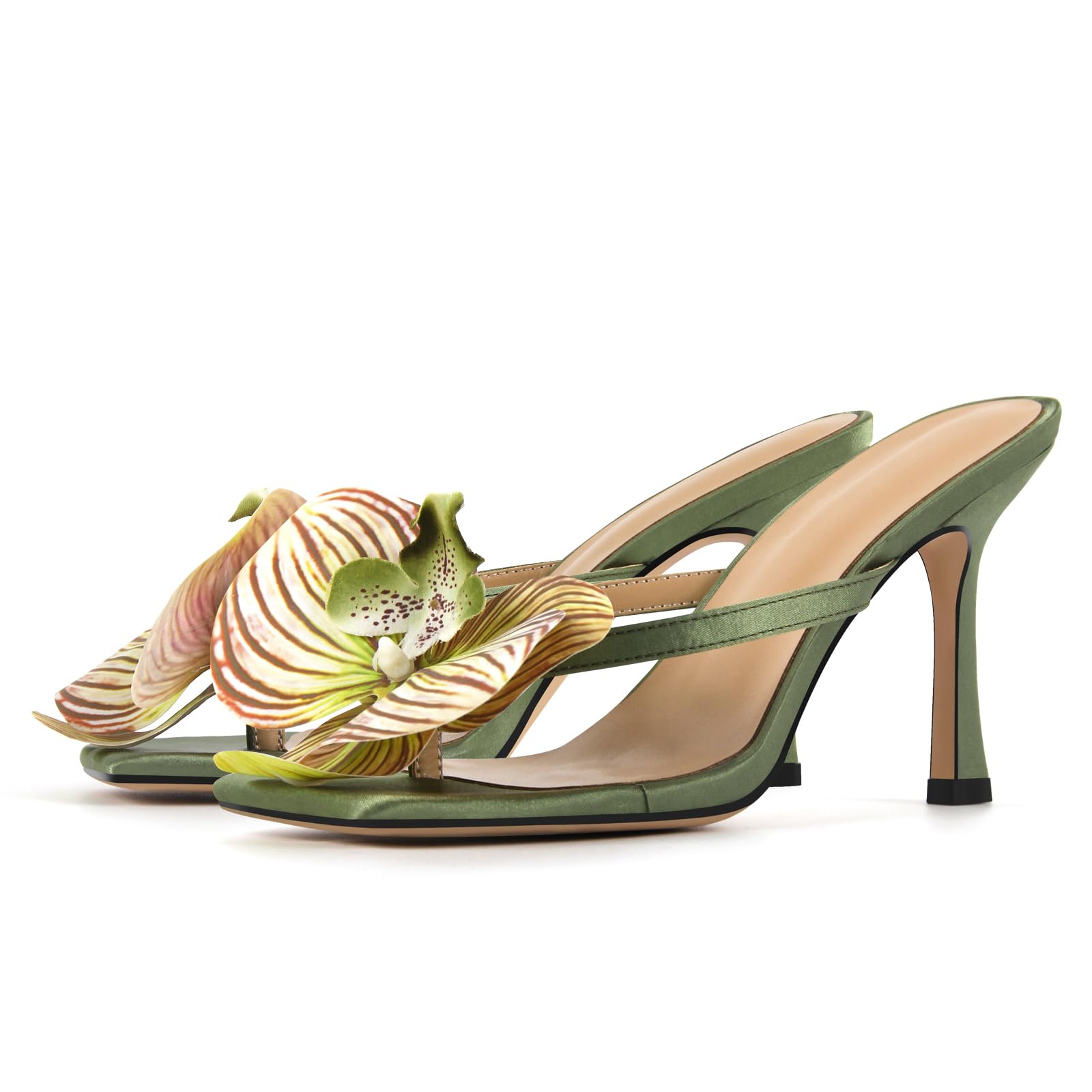 Only maker Orchid Heels for Women Square Toe Low Heeled Sandals Sexy Slip On Green Satin Heels with Orchid Flower For Wedding Bridal Fashion Party Dress Open Toe Mid Block Heeled Sandals Size 8