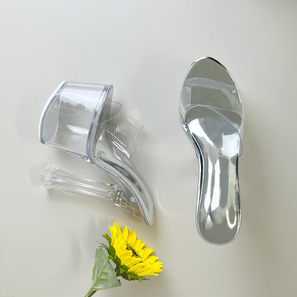Womens's Clear Platform Heels for Women Sky High Mules Slide Chunky Sexy 6-Inch Heeled Dancing Sandals Silver