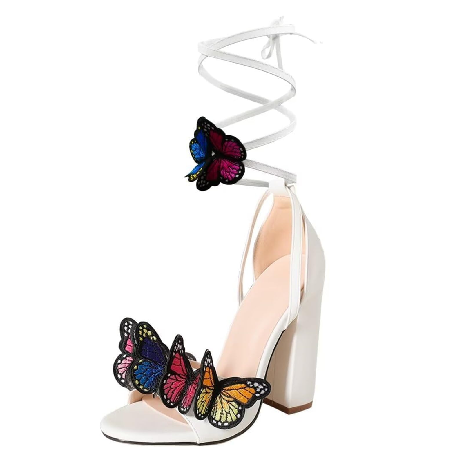 Strappy Sandals for Women Butterfly Ankle Wrap Block Heeled Sandals Open Toe Lace-up Chunky Heels Sandal Wedding Bride Dressy Pumps