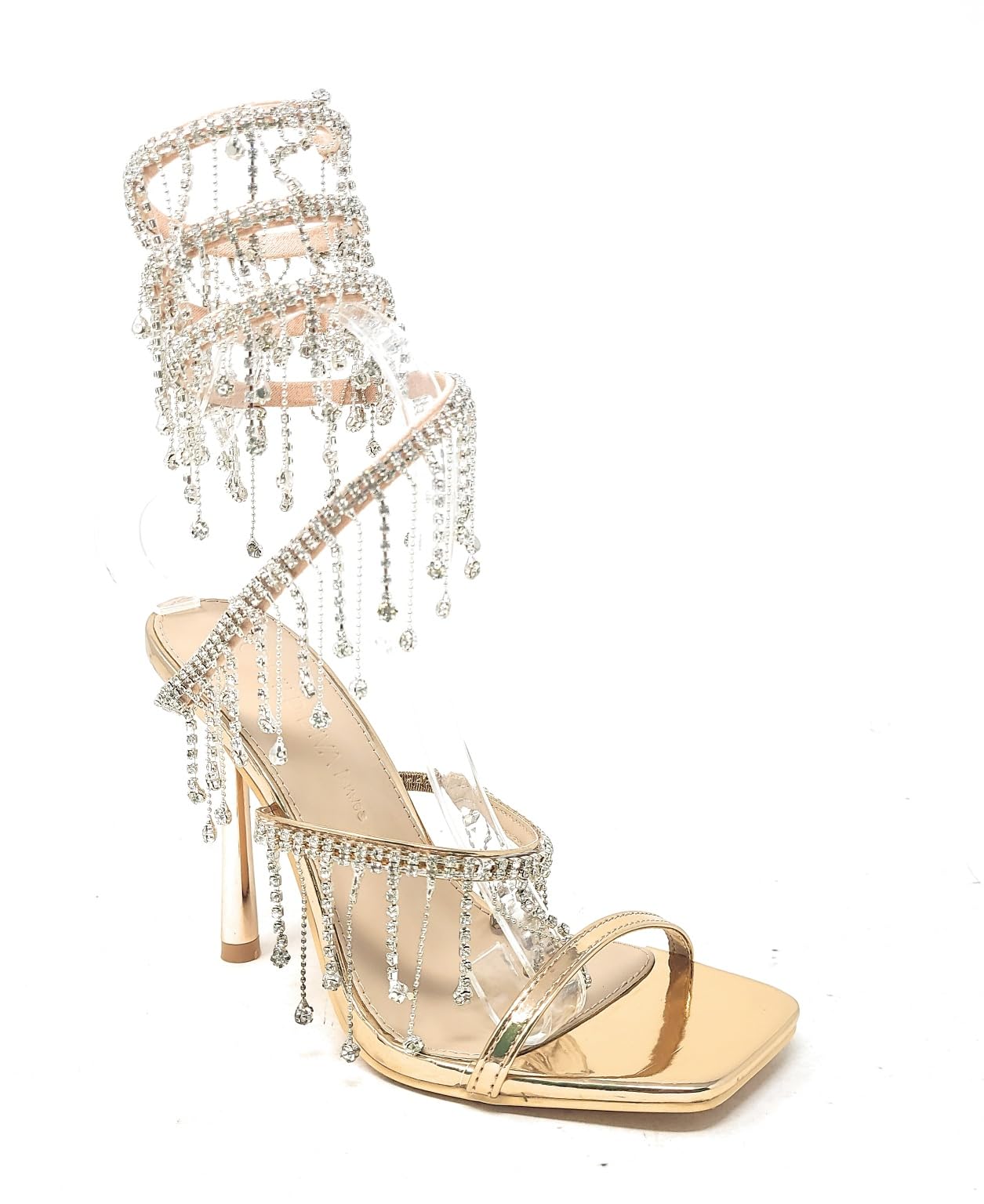 Wild Diva Women's Narala-51 Chandelier Embellished Rhinestone Spiral Coil Wrap Around Stiletto Heels (Rose Gold PU, US Footwear Size System, Adult, Women, Numeric, Medium, 8)