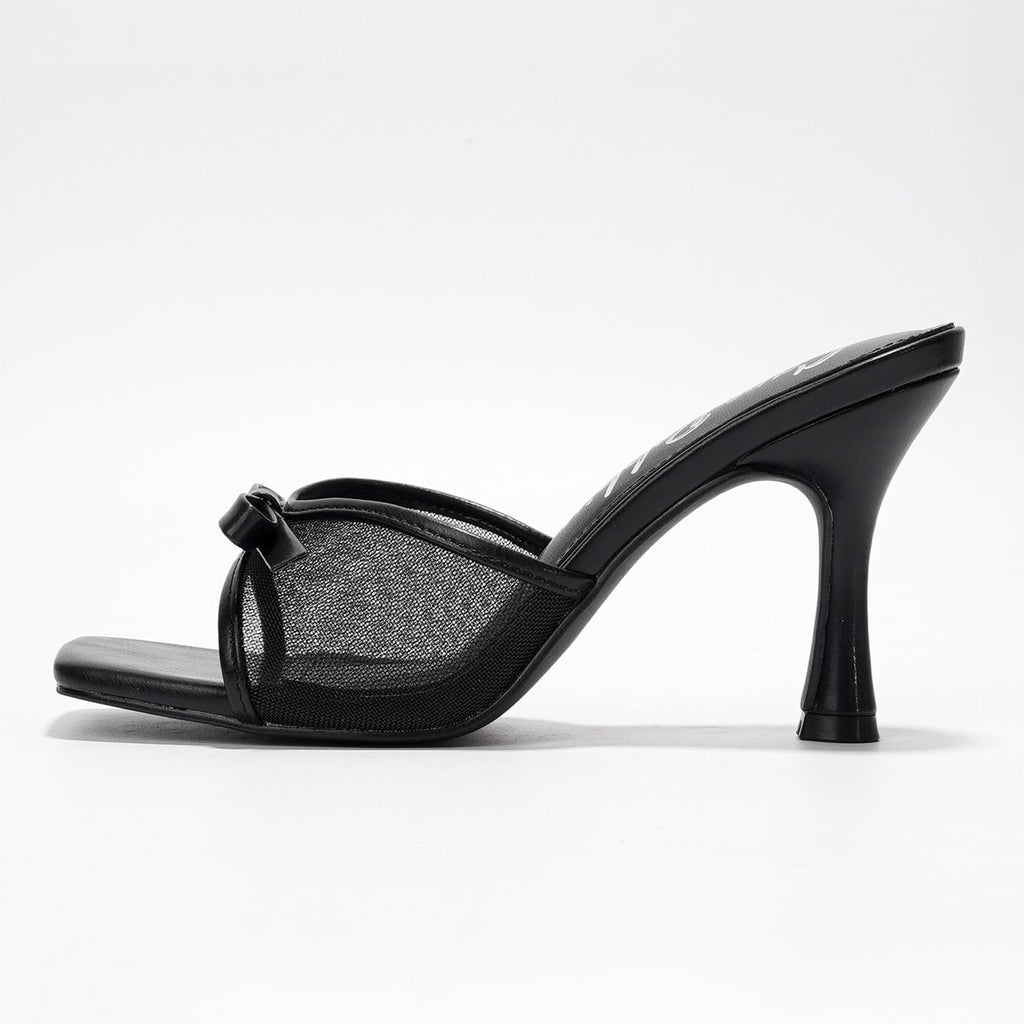 Cape Robbin Women's Slip On Square Toe Mid Heels with Bow Detail and Breathable Mesh Upper - Comfortable Low Heel Sandals for Women Dressy (Manon) Black