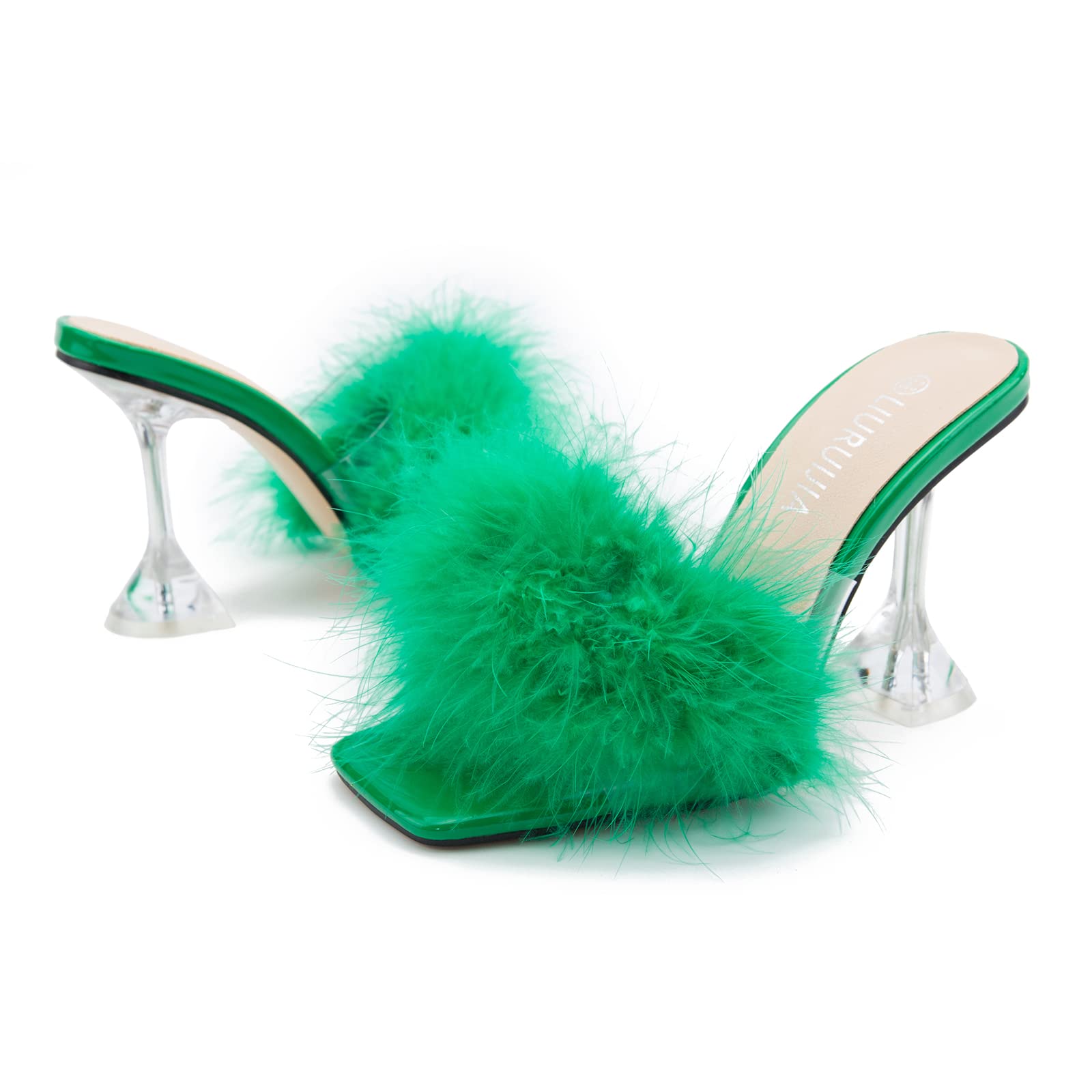 LIURUIJIA Feather High Heel Mules Sandals for Women Slip On Square Toe Clear Tapered Chunky Heels Fuzzy Fluffy Bridal Wedding Party Sexy Shoes Green