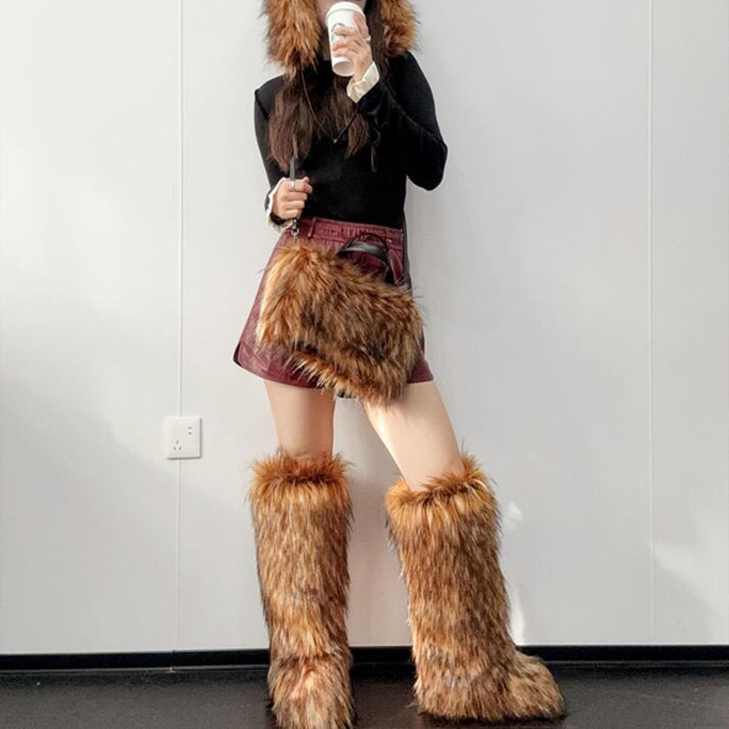 Valpeak Womens Faux Fur Boot Winter Fluffy Long Furry Boots for Girls Outdoor Fuzzy Knee-High Boots(Brown,