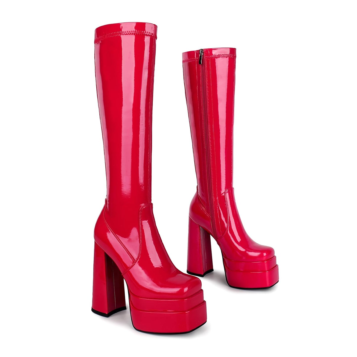 wetkiss Red Patent Platform Knee High Boots Women Red Women's Knee-high Gogo Boots Chunky Long 70s Boot Stretch Patent Leather Square Toe Party Festival Cosplay
