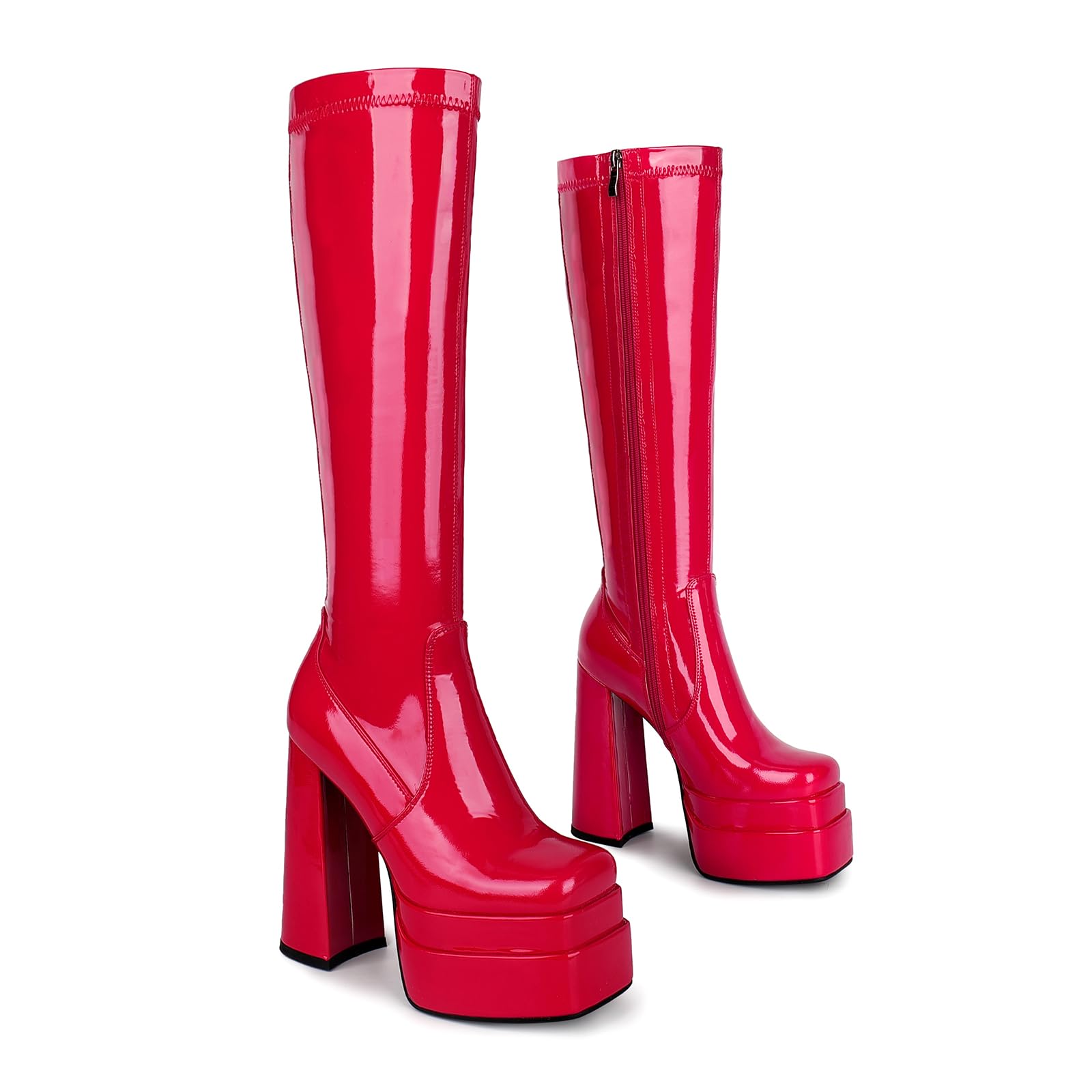 wetkiss Red Patent Platform Knee High Boots Women Red Women's Knee-high Gogo Boots Chunky Long 70s Boot Stretch Patent Leather Square Toe Party Festival Cosplay