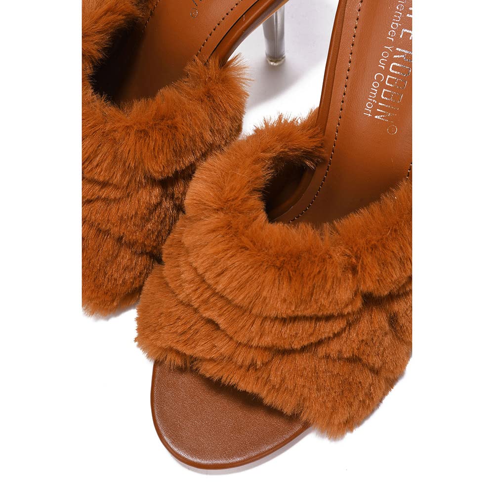 Cape Robbin Obrey Women Faux Fur Open Toe Stiletto Mule Heel Sandal (Tan, numeric_7)