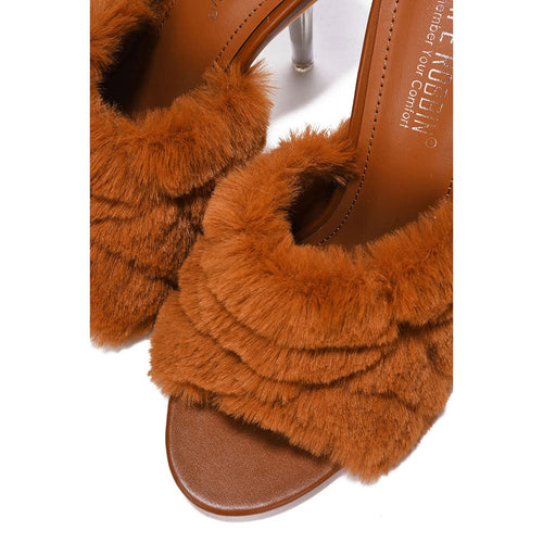 Cape Robbin Obrey Women Faux Fur Open Toe Stiletto Mule Heel Sandal (Tan, numeric_7)