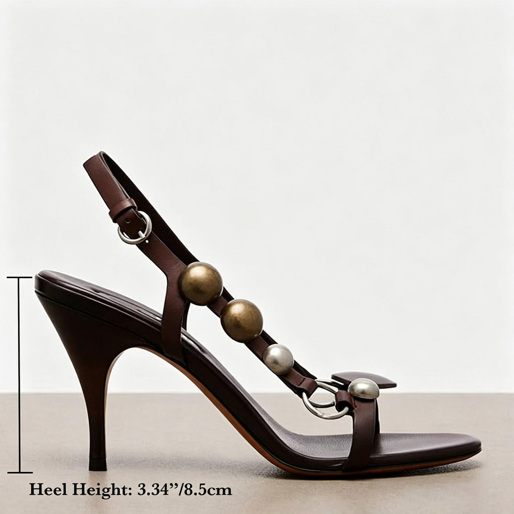 Women's Stiletto Heeled Sandals with Metal Disc Ornament Leather High Heels Open Toe Adjustable Ankle Strap Slingback Heels for Women Summer Vintage Dress Dance Sandals Brown