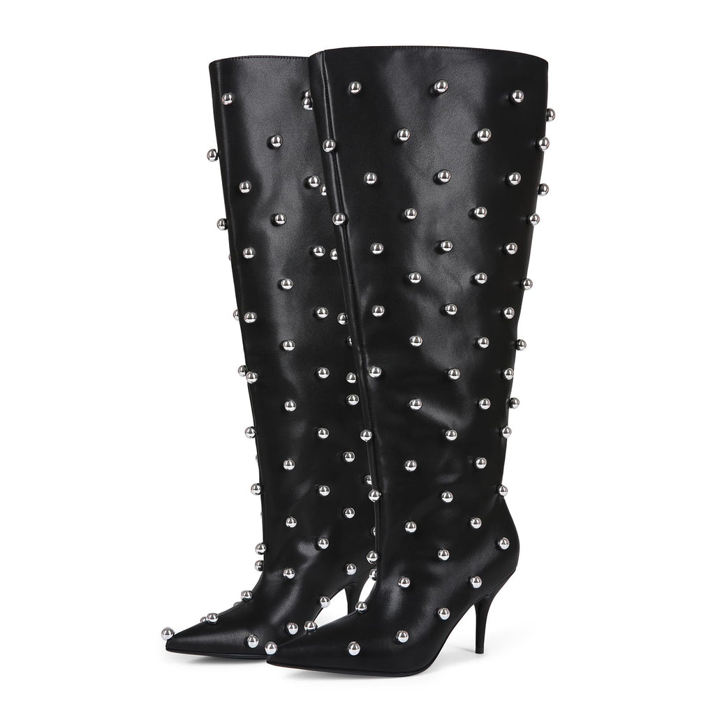 USRUNOE Wide Calf Boots for Women 3.4 Inch Stiletto Heels Knee High Pointed Toe Studded Black Pull On Fashion Tall Boots Y2K Style Comfortable