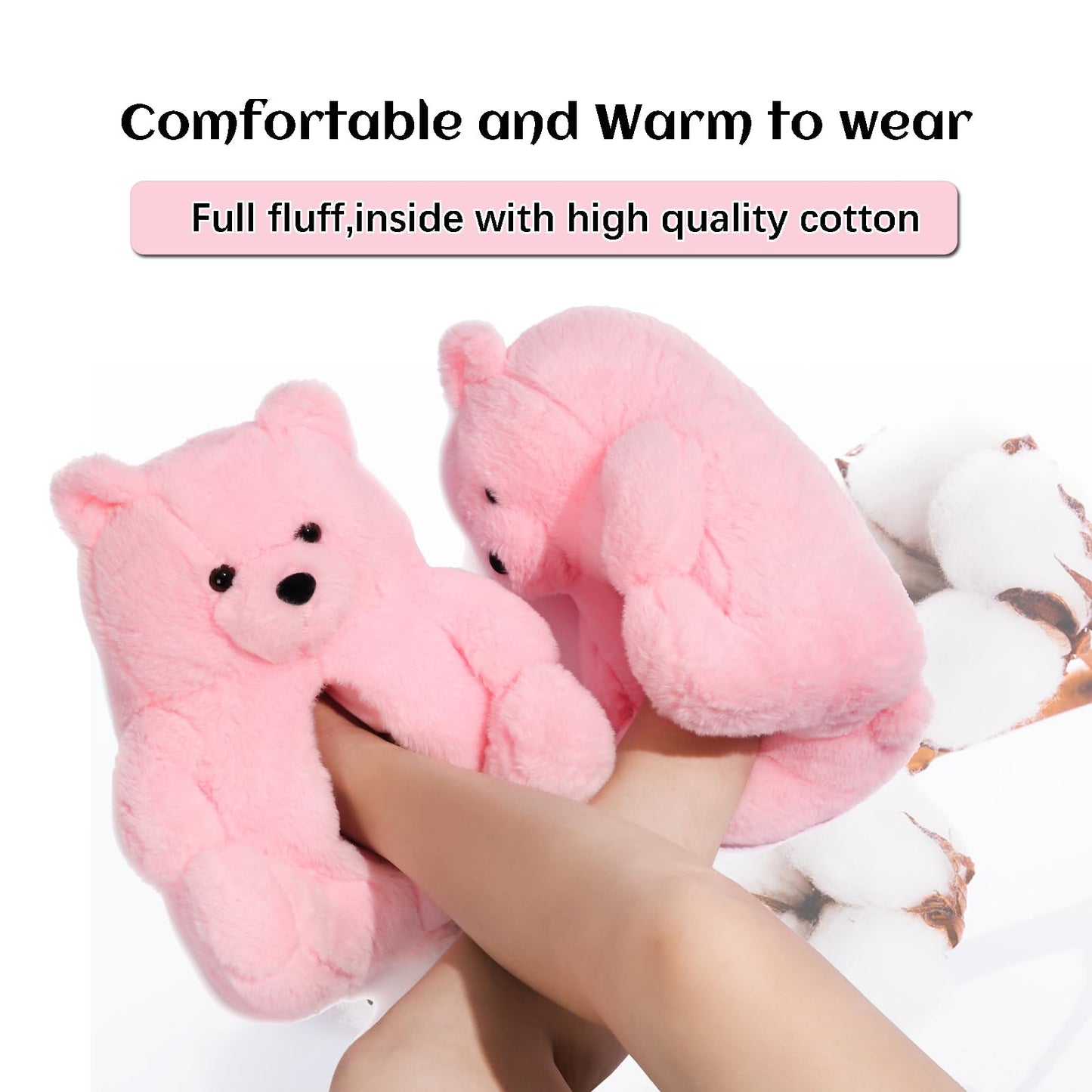DOVORSY Women's Christmas Teddy Bear Slippers,Winter Fuzzy Cute Indoor House Slippers with Cushion,Pink Fluffy Cartoon Bedroom Shoes,Cozy Warm Gifts for Women,Men,Ladies,Girls (Size 7-11)