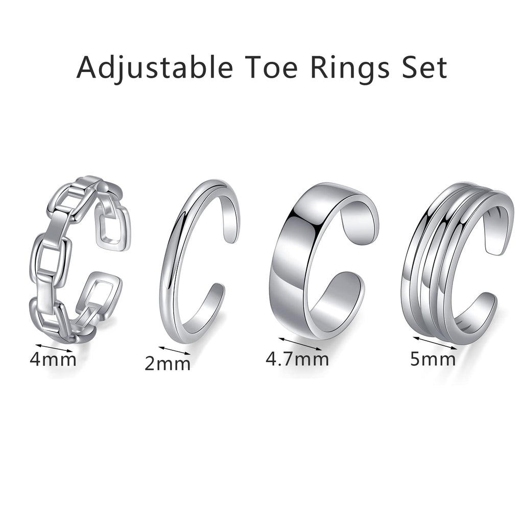 PWUEITR 4Pcs/1Set Adjustable Gold Silver Toe Rings for Women Knuckle Tail Ring Simple Summer Beach Open Toe Rings Set Foot Jewelry,silver
