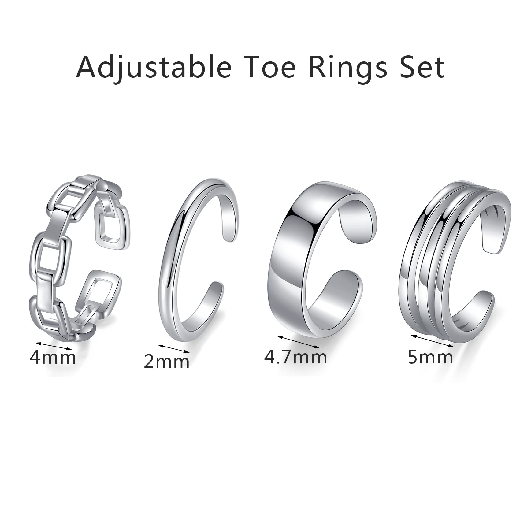 PWUEITR 4Pcs/1Set Adjustable Gold Silver Toe Rings for Women Knuckle Tail Ring Simple Summer Beach Open Toe Rings Set Foot Jewelry,silver