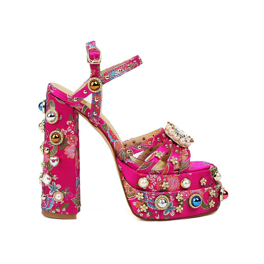 Pink Feinlina Women Rhinestone High Chunky Platform Heel