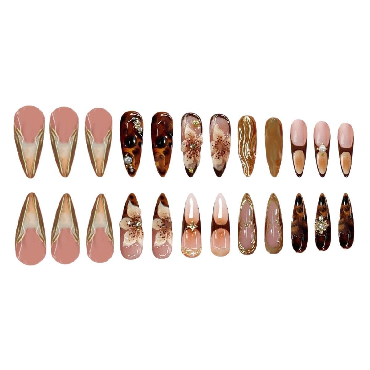 Long Press on Nails Almond Fake Nails Brown False Nails Flowers Artificial Nails with Gold Charm Designs Summer Handmade Nails 3D Floral Stick on Nails for Women 24pcs