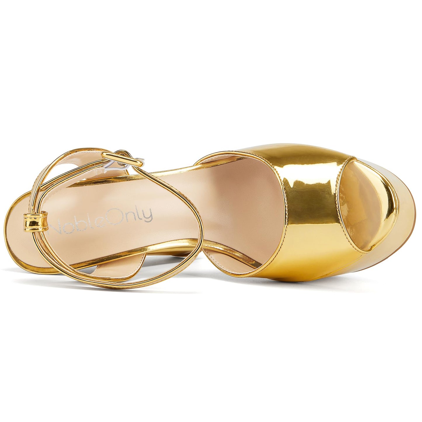 NobleOnly Womens Chunky Block High Platform Heel Peep Open Toe Ankle Strap Slingback Wedding Sandals 5.9 Inches Heels Gold Patent 8 M US