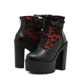 NEJKG Women's Gothic Rave Boots, Leather Lace Splicing Platform Chunky Heels, Ankle Boots, Black, Size 6