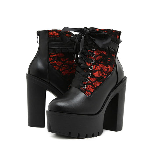 NEJKG Women's Gothic Rave Boots, Leather Lace Splicing Platform Chunky Heels, Ankle Boots, Black, Size 6