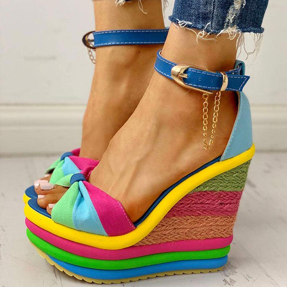 SaraIris Sandals for Women Gladiator Ankle Strap High Heel Platform Shoes Wedge Rainbow Sandals for Women Blue
