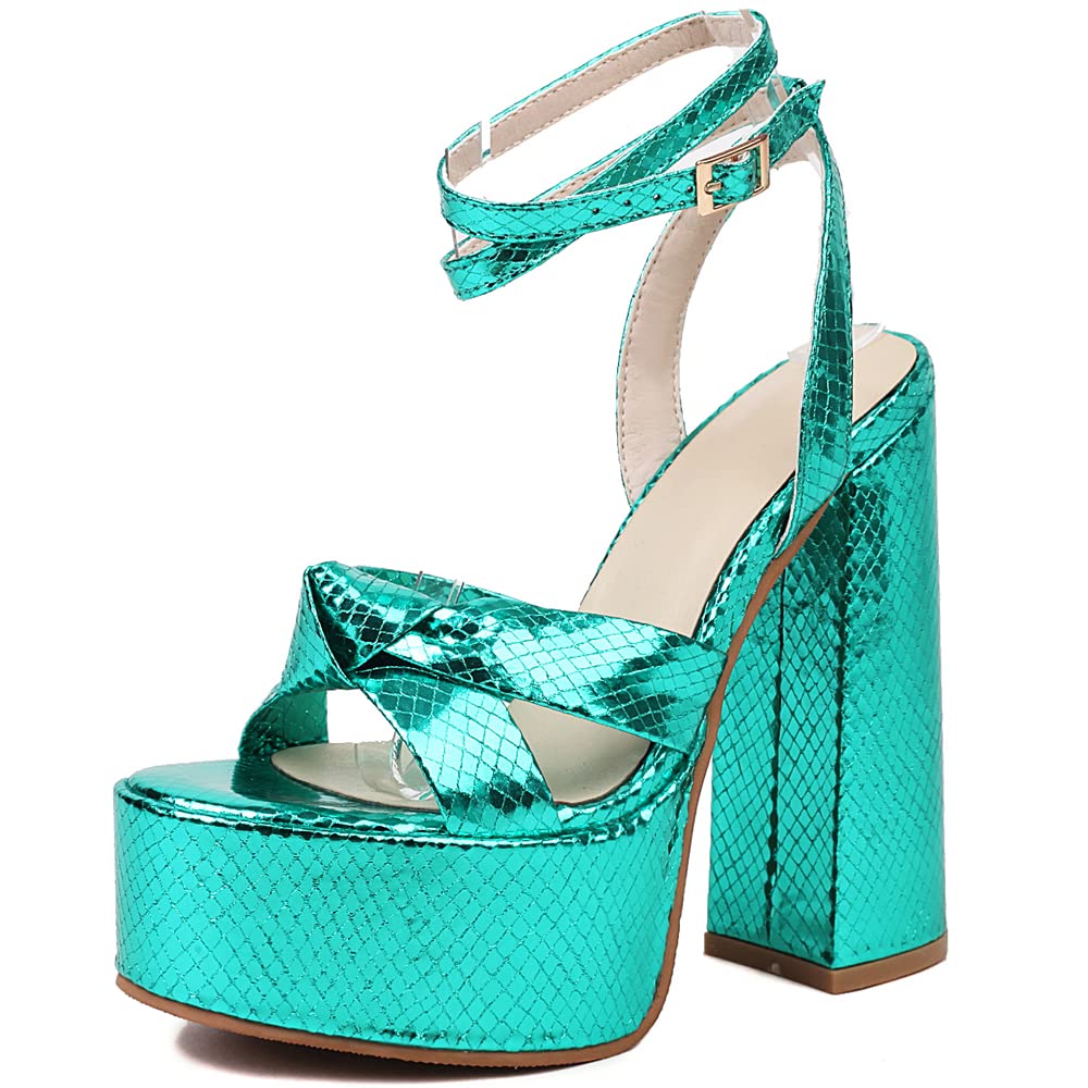 YIYA Women's Metallic Platform Chunky Heeled Sandals Open Round Toe Strappy Heels Ankle Strap Wedding Party Dress Shoes