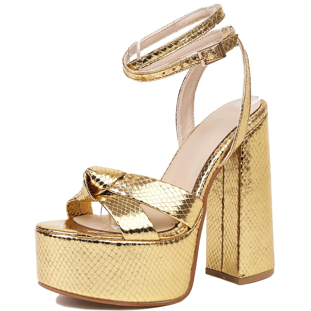 YIYA Women's Gold Metallic Platform Chunky Heeled Sandals Open Round Toe Strappy Heels Ankle Strap Wedding Party Dress Shoes