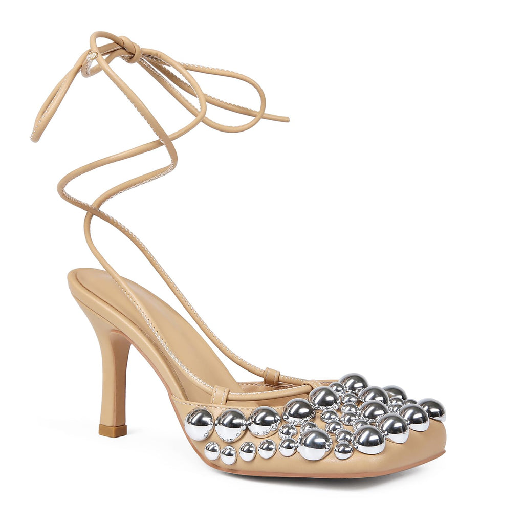 Saint Leia Women's 4IN High Heel Sandals Nude Stiletto Pumps with Gold Silver Pearls Heels for Weddings Parties and Evening Wear (Nude Silver,