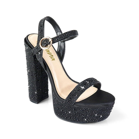 Liliana Womens Rhinestones Ankle Strap Chunky High Heels Sandals Fabiosa Black 7