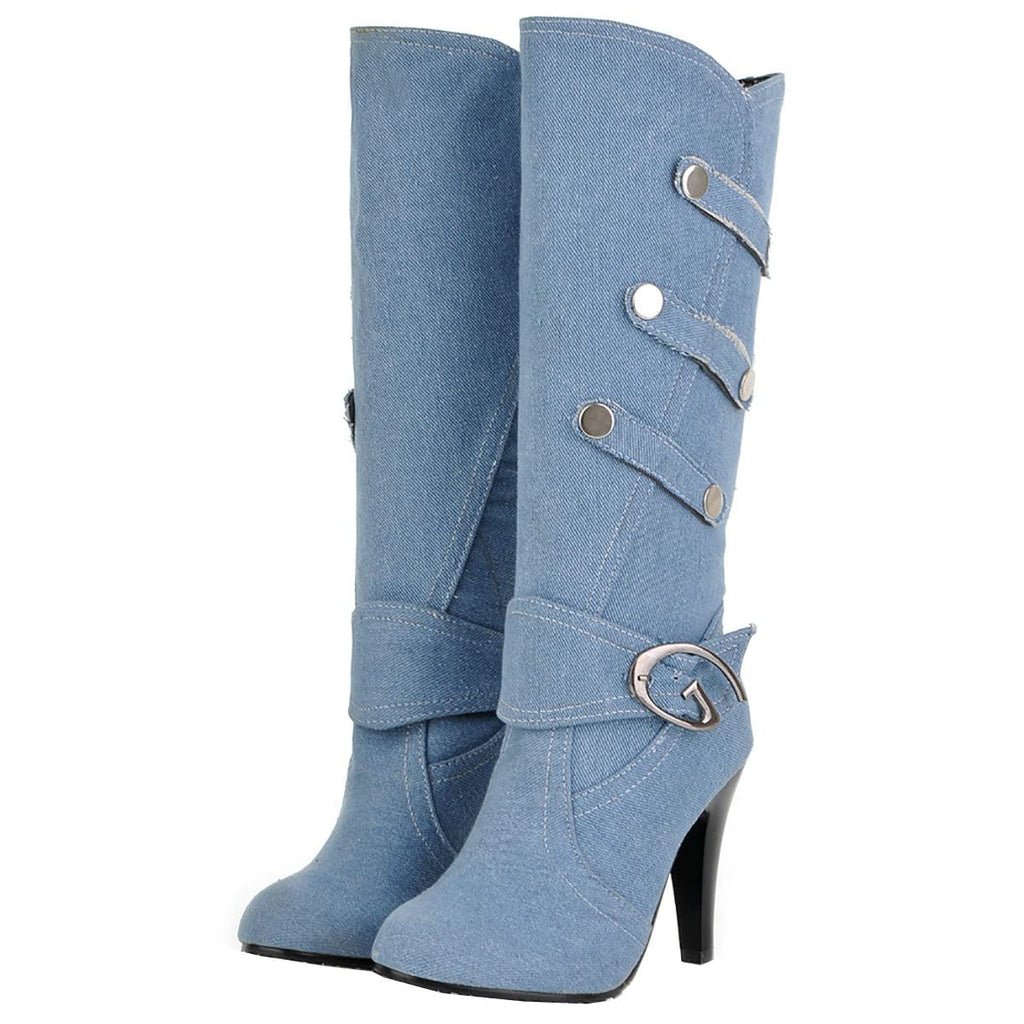 Uniquelly Womens Denim Knee High Boots Stiletto High Heel Mid Calf Slip On Round Toe Classic Retro Winter Shoes (light blue,US7)
