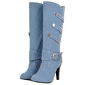 Uniquelly Womens Denim Knee High Boots Stiletto High Heel Mid Calf Slip On Round Toe Classic Retro Winter Shoes (light blue,US7)