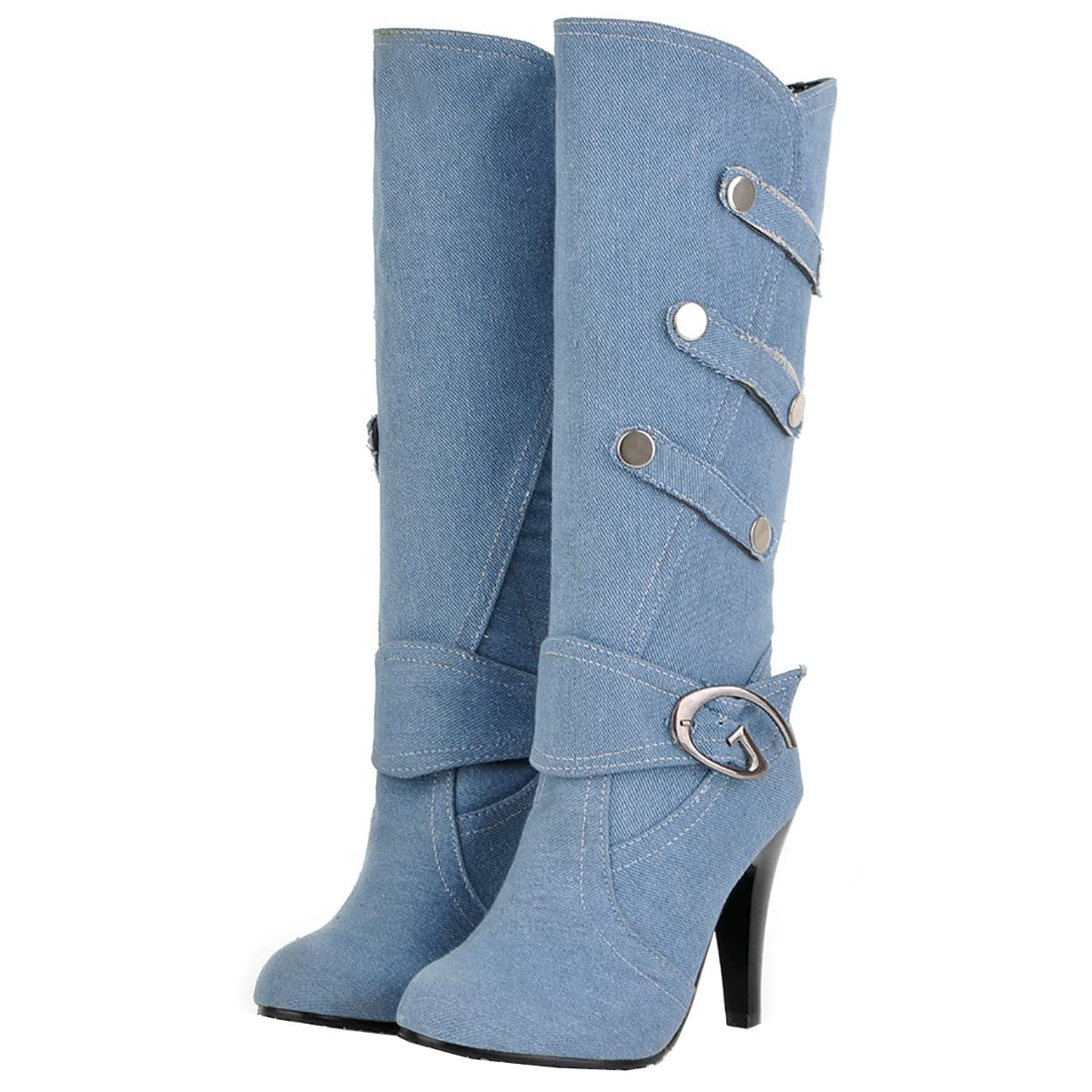 Uniquelly Womens Denim Knee High Boots Stiletto High Heel Mid Calf Slip On Round Toe Classic Retro Winter Shoes (light blue,US7)