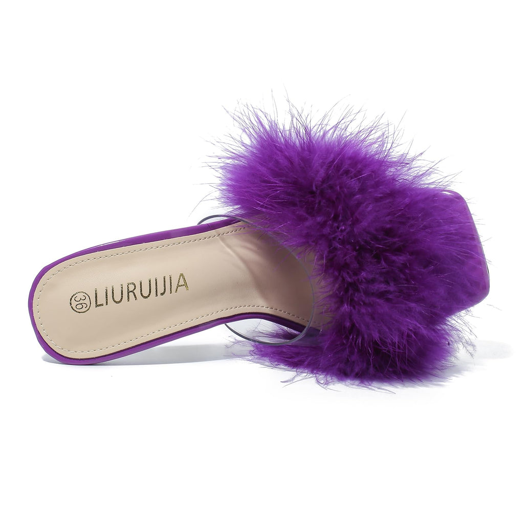 LIURUIJIA Women's Square Toe Feather Fluffy Fuzzy Heels High Heeled Dress Sandals Wedding Bridal Party Shoes Purple