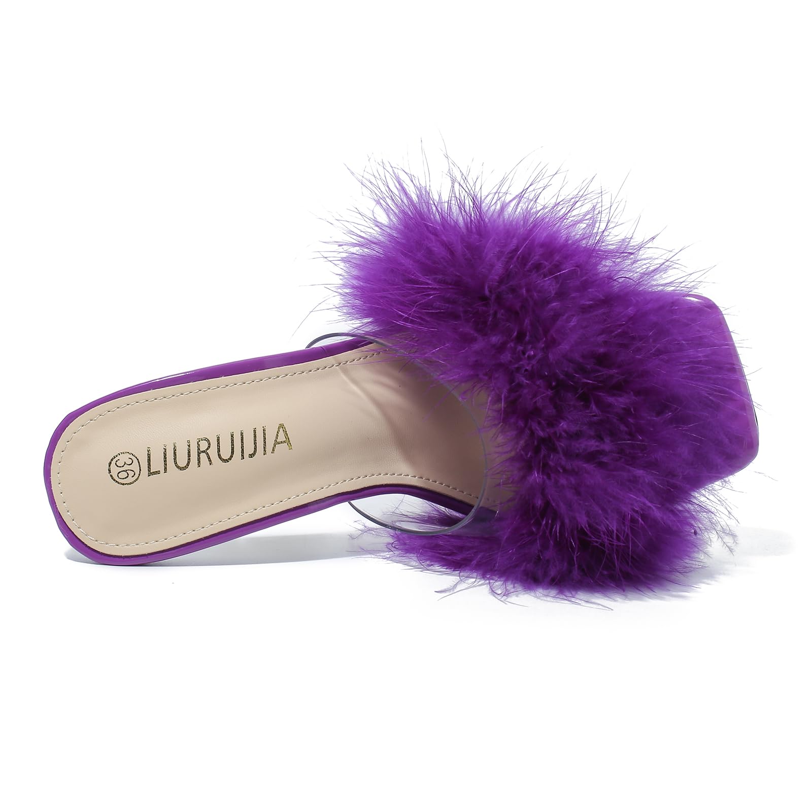LIURUIJIA Women's Square Toe Feather Fluffy Fuzzy Heels High Heeled Dress Sandals Wedding Bridal Party Shoes Purple