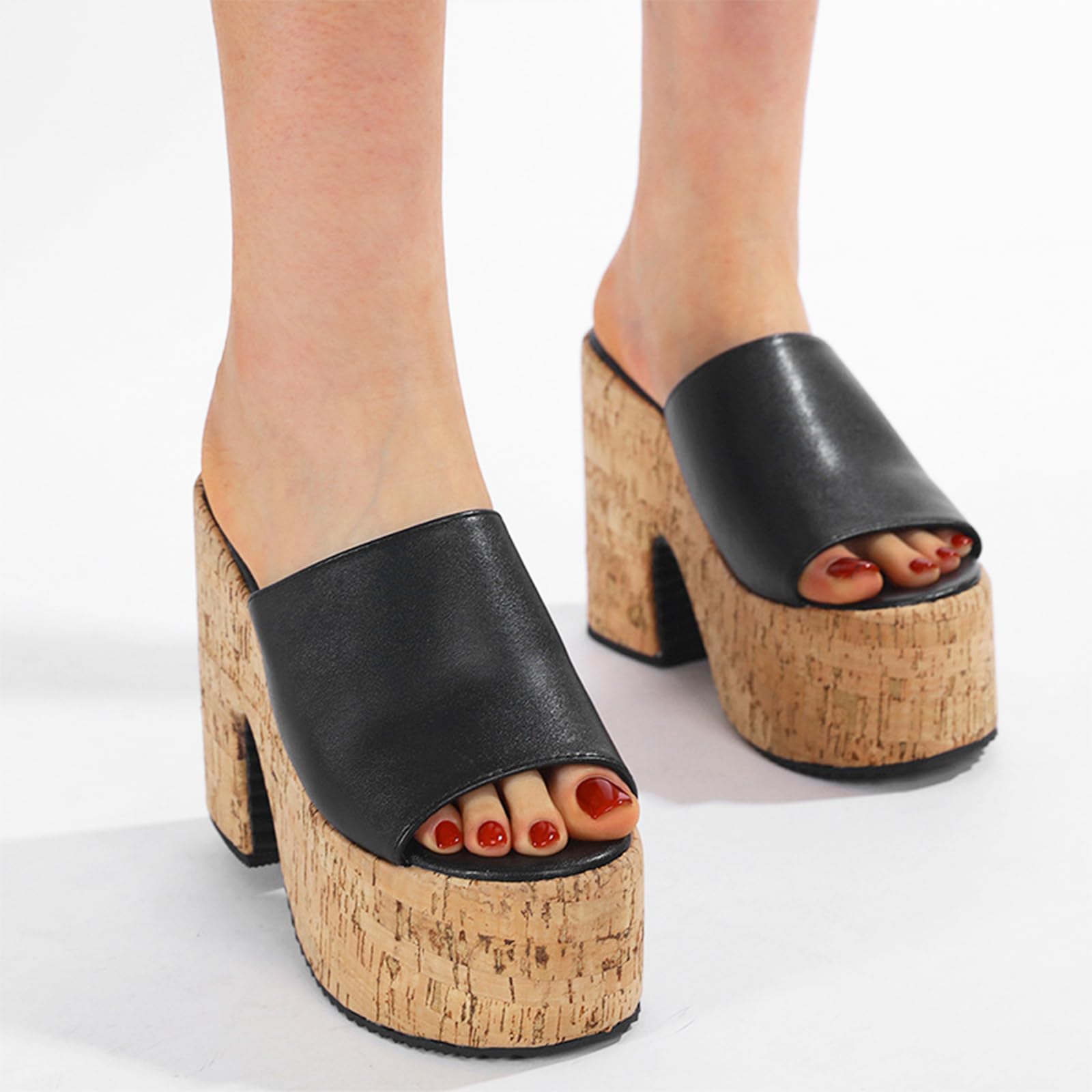 ADKGBE Women's Cork Platform Open Round Toe High Chunky Heel Mules Sandals Sexy Backless Comfortable Slip On Non-slip Dress Summer High Heel Sandals fot Party Dance Wedding Shoes
