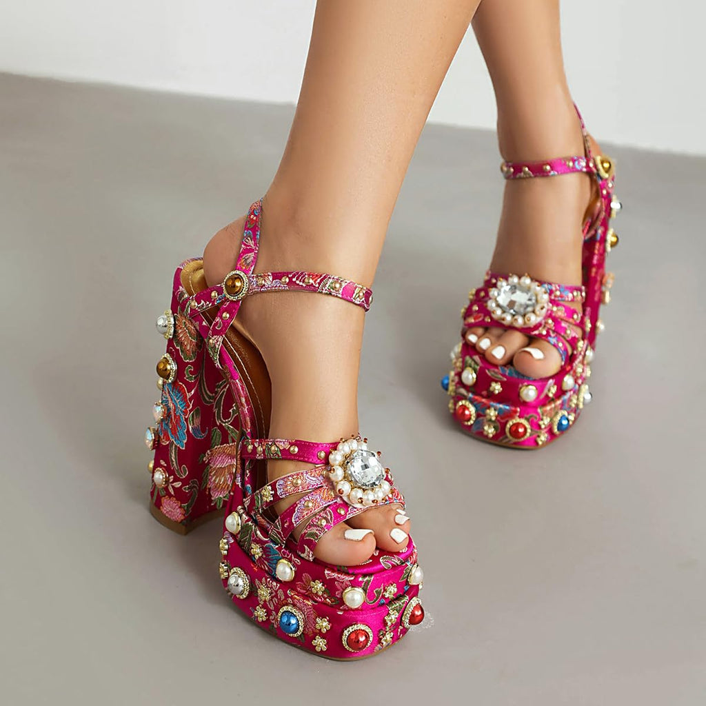 Pink Feinlina Women Rhinestone High Chunky Platform Heel