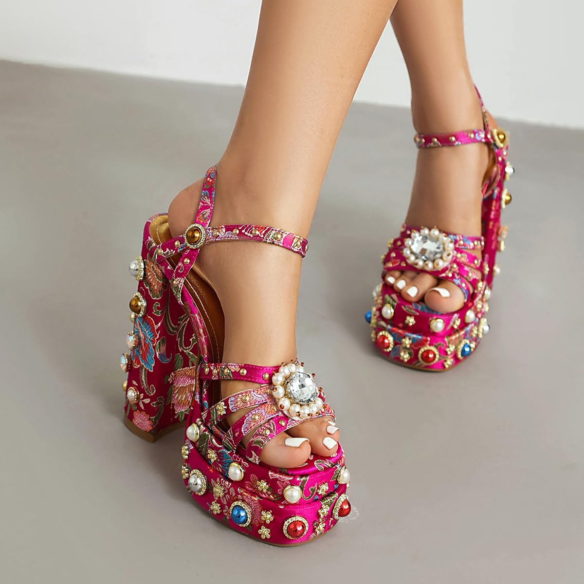 Pink Feinlina Women Rhinestone High Chunky Platform Heel