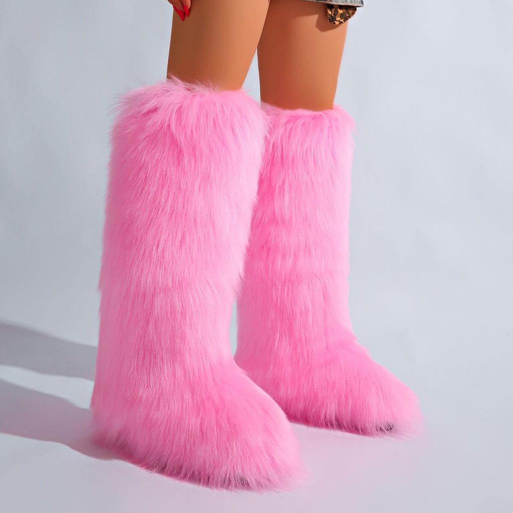 Valpeak Womens Faux Fur Boot Winter Fluffy Long Furry Boots for Girls Outdoor Fuzzy Knee-High Boots Pink